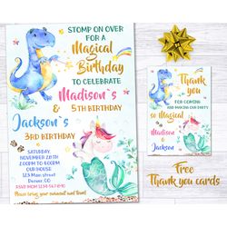 dinosaur and mermicorn birthday invitation mermaid invitation dino invite magical birthday under the sea party invite