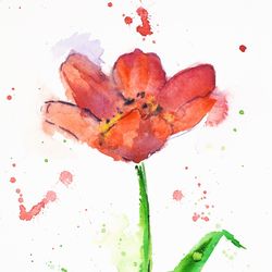 Red Tulip Watercolor Small Floral Original Painting Tiny Flower Artwork 8x6''