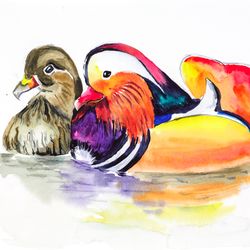 Mandarin Duck Pair Original Painting Duck Painting Cottagecore Art Bird Watching