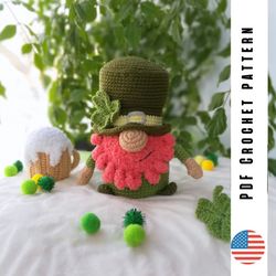 Crochet Gnome Pattern St. Patrick's Day, amigurumi gnomes toy, DIY irish gnome with beer, pattern by CrochetToysForKids
