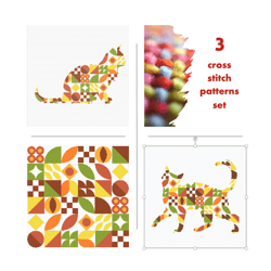 3 cross stitch patterns set Cats with boho Autumn style cross stitch digital pattern for home decor and gift