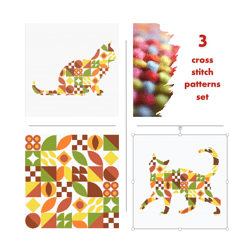 3 cross stitch patterns set cats with boho autumn style cross stitch digital pattern for home decor and gift