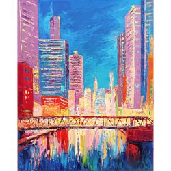 Chicago Painting Illinois Cityscape Original Artwork Du Sable Bridge Oil Painting on Canvas by 20x16 inch