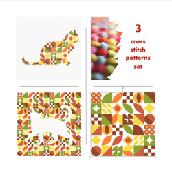 3 cross stitch patterns set cats with boho autumn style cross stitch digital pattern for home decor and gift