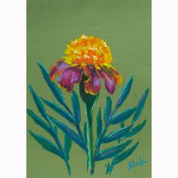 Marigold Painting Floral Original Art October Birth Month Flower Oil Pastel Artwork 12x8''