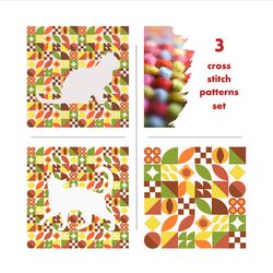 3 cross stitch patterns set cats with boho autumn style cross stitch digital pattern for home decor and gift