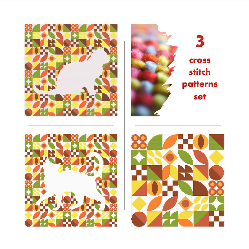 Cover 3 Cross stitch patterns sitting and walking cat inside boho autumn modern abstract style pattern.png