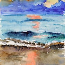 Laguna Beach Watercolor California Beach Original Painting Ocean Wave Artwork 10x7''