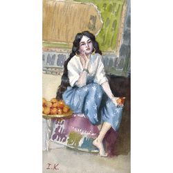 Beautiful girl with oranges. Original watercolor painting 10x5''