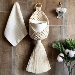 Toilet Paper Holder beige Handmade Macrame Bathroom Accessory Hanging Basket in Scandinavian Style Home Decor