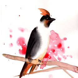 bird on cherry tree original watercolor painting bird art pastel tender painting wall art original painting