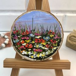 daisy poppies wood painting original wildflowers original small painting meadow tiny art 3" by 3" by katbes art