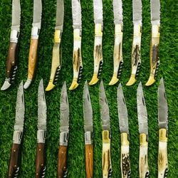 Lot of 16 Handmade Damascus Steel Toothpick Antler Handle Folding Pocket Knife