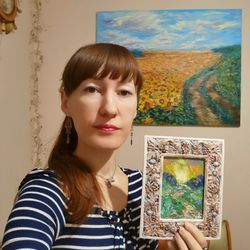 Sunset Landscape Field Trail Flowers Oil Painting Original Framed Artist Svinar Oksana