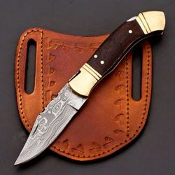 Custom Handmade Damascus Folding Knife Pocket knife Leather EDC Gift for him