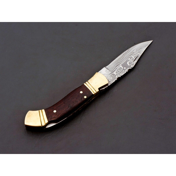 Custom Handmade Damascus Folding Knife Pocket knife w Leather EDC Gift for him 5.jpg