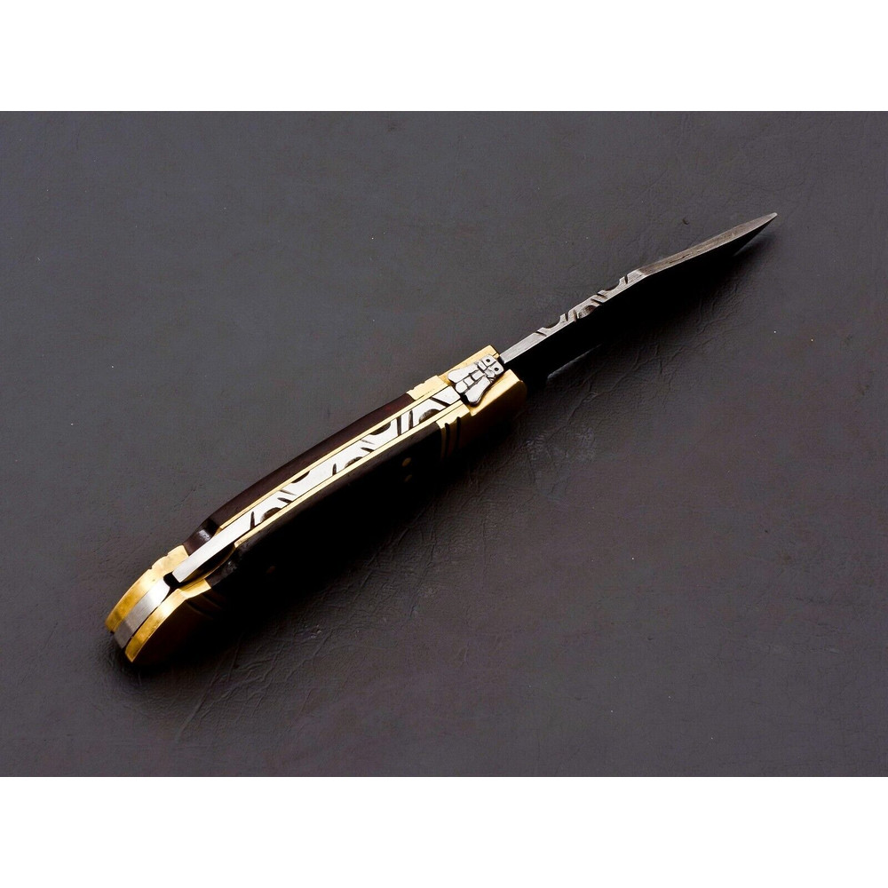 Custom Handmade Damascus Folding Knife Pocket knife w Leather EDC Gift for him 4.jpg