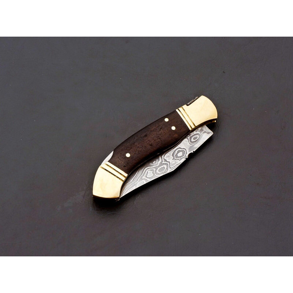 Custom Handmade Damascus Folding Knife Pocket knife w Leather EDC Gift for him 9.jpg