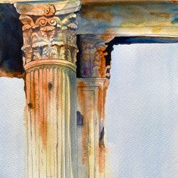 Greek Column PAINTING ORIGINAL Watercolor 10"x14" Historical Part City Greece Old Building by ArteAventuraStudio