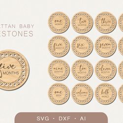 Rattan baby milestones svg, Baby milestone markers laser cut files