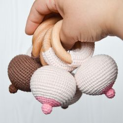 Crochet boob baby rattle, boobie rattle for babies, little fake boobs, baby shower party