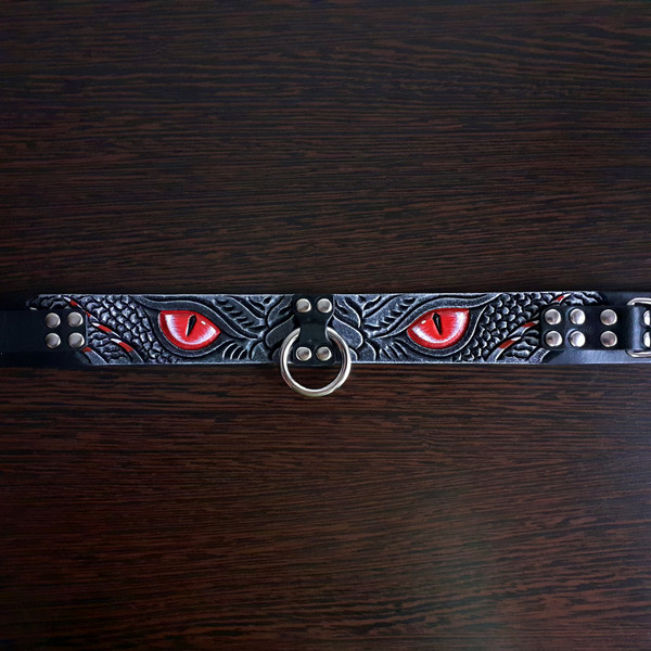 Handmade leather bdsm collar black dragon with red eyes.jpg