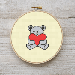 Teddy Bear with heart Mini Cross Stitch Pattern