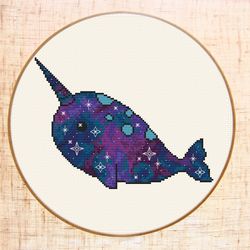 Narwhal cross stitch pattern Modern Galaxy cross stitch Space nursery cross stitch Baby Whale cross stitch Unicorn