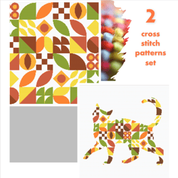 2 cross stitch patterns set Cats with boho Autumn style cross stitch digital pattern for home decor and gift