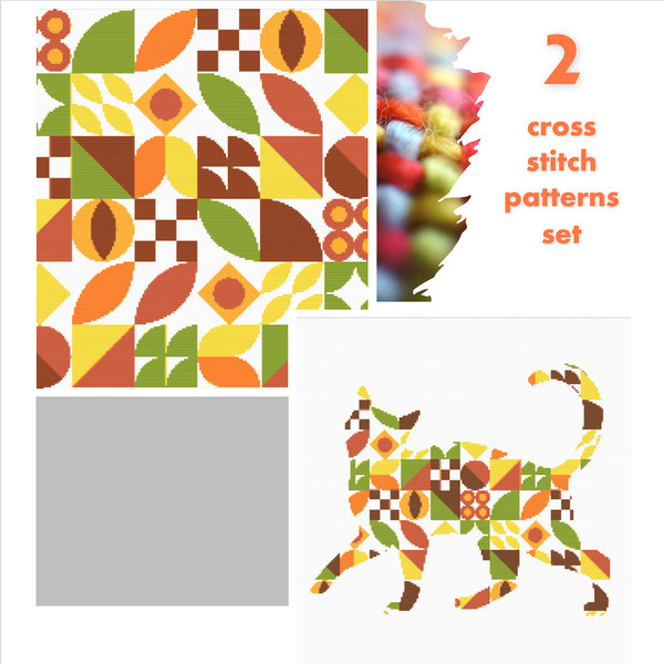 Cover 2 Cross stitch pattern and walking cat in boho autumn modern abstract style pattern.png