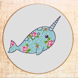 narwhal cross stitch pattern sea unicorn whale cross stitch animal geometric embroidery ocean nursery decor folk nursery