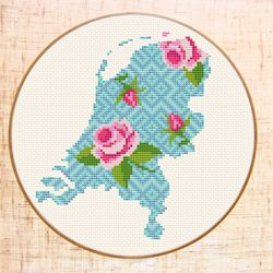 Netherlands cross stitch pattern Modern cross stitch Floral map cross stitch Country Instant download Geometric xstitch