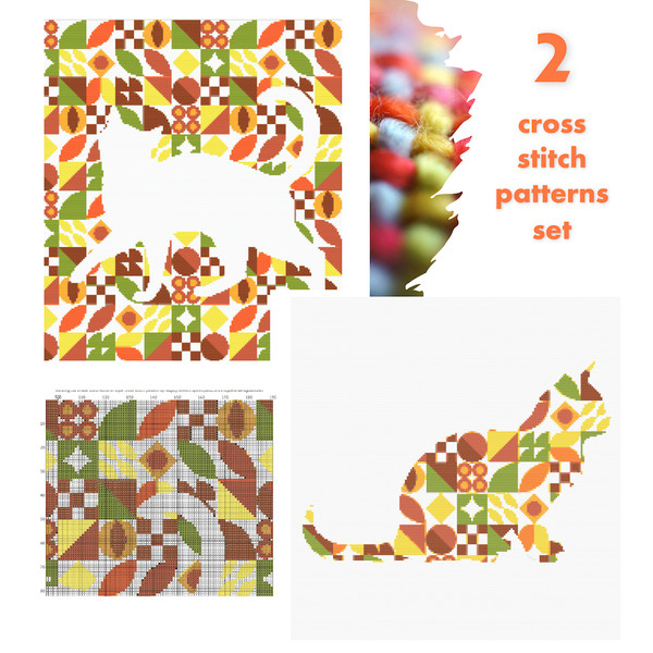 2 Cross stitch patterns with sitting cat and walking cat inside boho autumn modern abstract style pattern.png