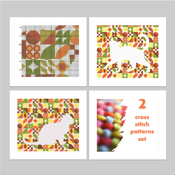 2 Cross stitch patterns walking and sitting cats inside boho autumn modern abstract style pattern.png