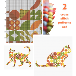 2 cross stitch patterns set Cats with boho Autumn style cross stitch digital pattern for home decor and gift