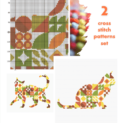 2 cross stitch patterns set cats with boho autumn style cross stitch digital pattern for home decor and gift