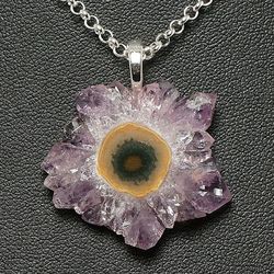 Amethyst Stalactite Slice Necklace Purple Lilac Violet Amethyst Crystal Flower Gemstone Pendant Necklace Jewelry 6011