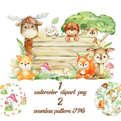 woodland animals watercolor clipart, forest animals clip art, nursery decor. digital papers