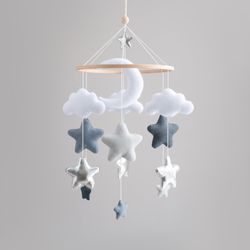 Mobile nursery moon and silver star, cloud nursery mobile, mom to be gift