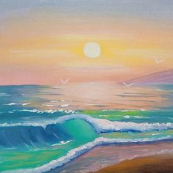Oil Painting Landscape Sea Sunset Original Art Wall Art Still Life Painting Canvas Pasty Painting  Sea Coast Sunset