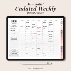 Undated Digital Weekly planner, Planner for Goodnotes, Weekly planner PDF, ipad planner, Sunday Monday start, minimalist