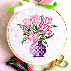 variegated tulips in a vase cross stitch pattern pdf by crossstitchingforfun instant download tulips  cross stitch chart