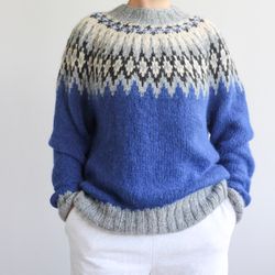 Blue gray norweger rustic hand knitted jumper