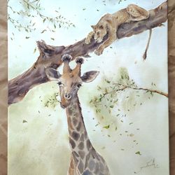 Lion painting on stretcher Giraffe painting African landscape Nursery painting Sunny painting Animal Original painting