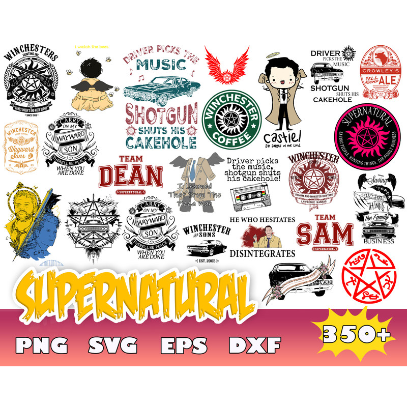 350 Supernatural Svg, Supernatural Silhouette, Winchester Svg, Castiel Stencil, Sam and Dean Stencil, Cricut Silhouette Svg.jpg