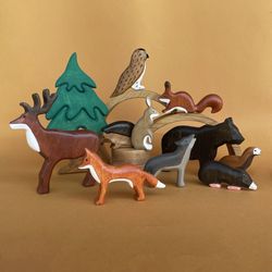 Wooden animal figurines (11 pcs) - Wooden tree toy - Woodland animals toys - Wooden Deer, Fox, Wolf, hare, Owl, Bear toy