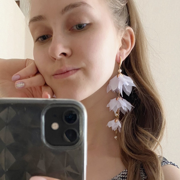 Light long bridal earrings, Flower white earrings, Dangling earrings on girl