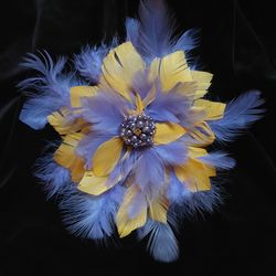 Yellow and lilac flower feather brooch, Large feather flower brooch, Lilac and yellow feather brooch for dress, jacket