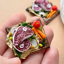 Doll miniature set of meat steaks with vegetables on a board for playing dolls, dollhouse, scale 1:12, polymer plastic
