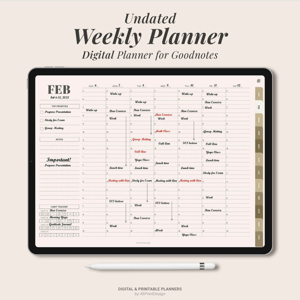undated digital weekly planner for goodnotes